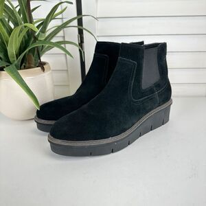 Clarks Collection Black Suede Airabell Style Chunky Wedge Ankle Booties Size 9.5